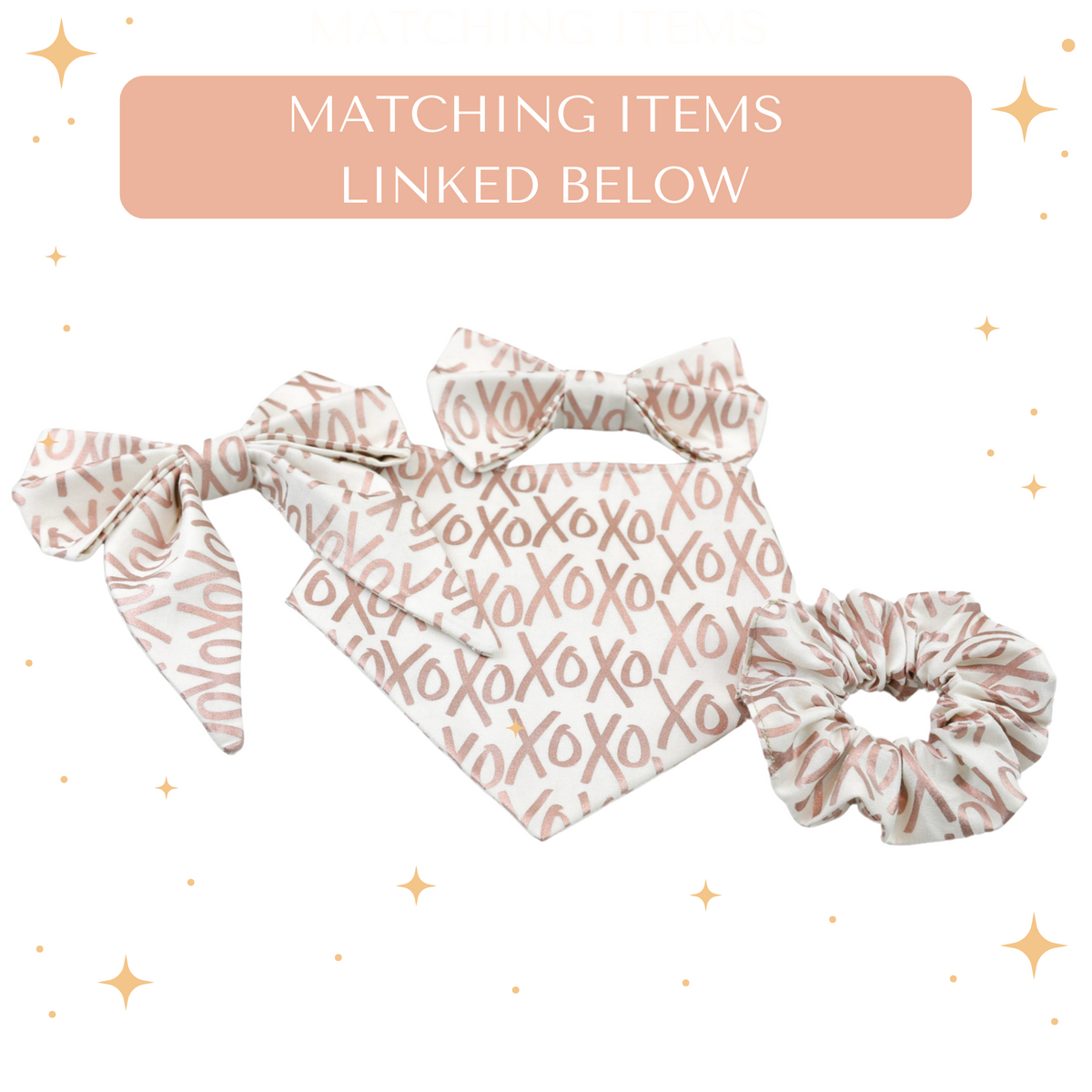 xoxo valentine dog bandana with matching dog bow tie, sailor bow and scrunchie