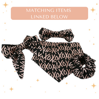 black xoxo valentine dog bandana with matching dog bowtie, dog sailor bow and scrunchie