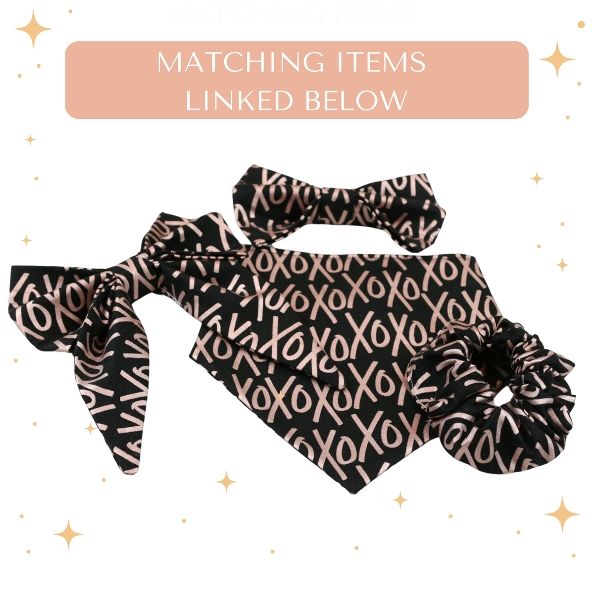 black xoxo valentine dog bandana matching dog bow tie, dog sailor bow and scrunchie