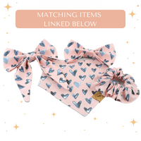 pink with navy hearts valentine dog bandana with matching bowtie, sailor bow and scrunchie