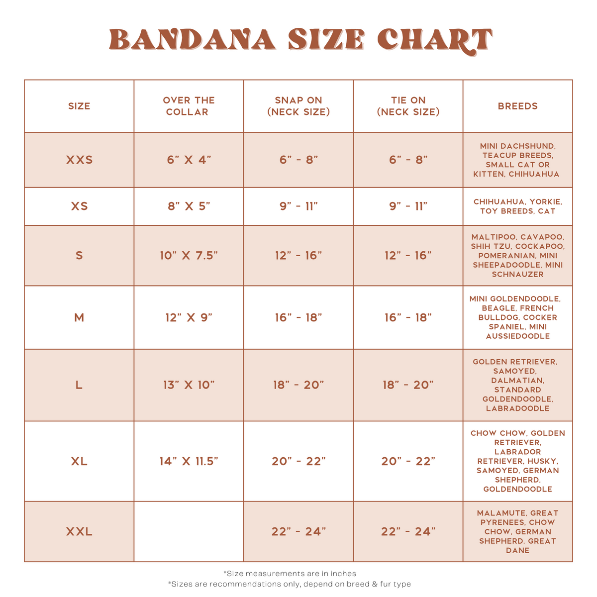 pet bandana size chart
